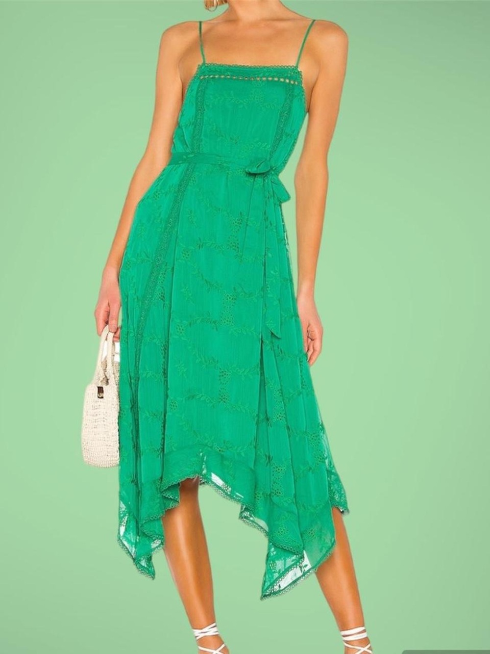 Tularosa Emerald Green Spaghetti-Strap Handkerchief-Hem Midi Dress